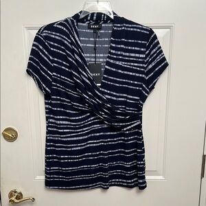 DKNY Navy Blue with White Stripe Wrapped Top with Ruched Side. Size XL.  NWT